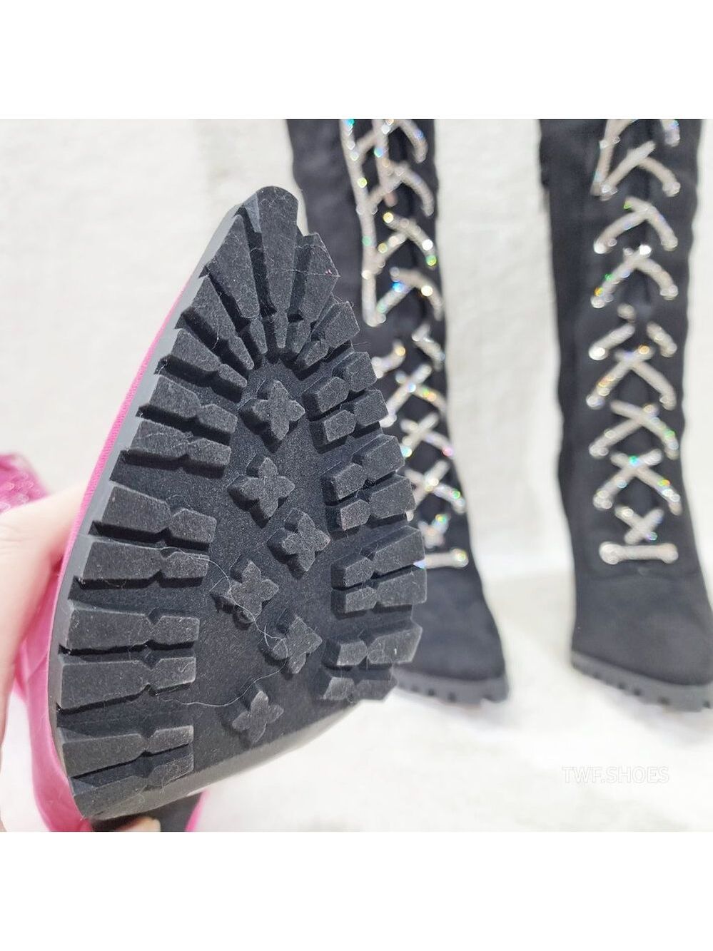 Queens FX Suede & Rhinestone Pointy Toe High Heels Stiletto Lace Up Knee Boots - Picture 12 of 14